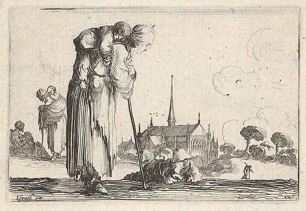 Plate 10: a peasant woman turned towards the right with a child on her back, a boy lying on the ground behind her in center, two women and a child to left in middleground, a church to right in background, from 'Caprice faict par de la Bella'