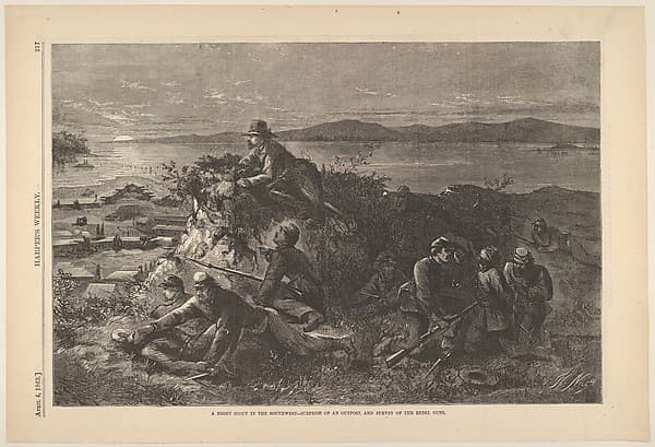 A Night Scout in the Southwest – Surprise of an Outpost, and Survey of the Rebel Guns (from "Harper's Weekly")