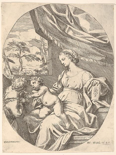 Seated Virgin and Child with Saint John the Baptist, a book rests under the Virgin's proper left hand, the Christ Child reaches toward Saint John, a wall and curtain dividing the figures from landscape beyond