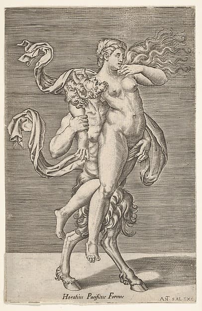 Satyr carrying a nymph, whose right arm is wrapped around the satyr's neck, with a planar background