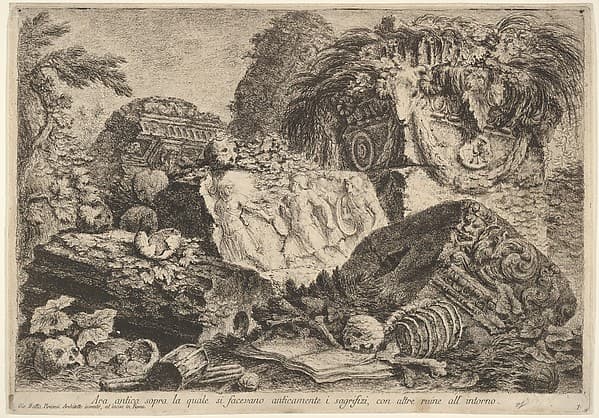 Plate 7: 'Ancient altar on which sacrifices were performed in antiquity, surrounded by other ruins' (Ara antica sopra la quale si facevano anticamente i sagrifizi, con altre ruine all' intorno), from the series 'Part one of architecture and perspectives: drawn and etched by Gio. Batt'a Piranesi, Venetian Architect: dedicated to Nicola Giobbe' (Prima parte di Architetture, e prospettive inventate, ed incise da Gio. Batt'a Piranesi Architetto Veneziano dedicate al Sig. Nicola Giobbe)