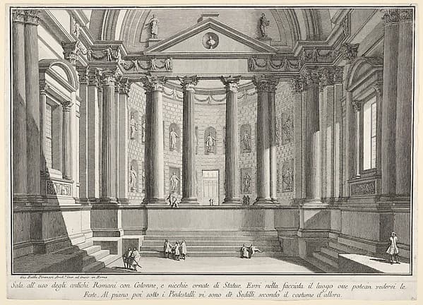 Plate 9: 'Colonnaded hall according to the custom of the ancient Romans, and niches adorned witn statues' (Sala all'uso degli antichi Romani con colonne, e nicchie ornate di statue), from the series 'Part one of architecture and perspectives: drawn and etched by Gio. Batt'a Piranesi, Venetian Architect: dedicated to Nicola Giobbe' (Prima parte di Architetture, e prospettive inventate, ed incise da Gio. Batt'a Piranesi Architetto Veneziano dedicate al Sig. Nicola Giobbe)
