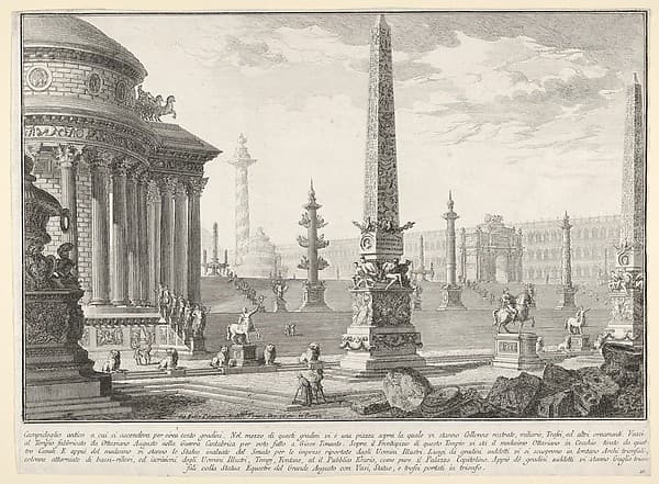 Plate 10: 'The ancient Capitol ascended by approximately one hundred steps [...]' (Campidoglio antico a cui si ascendeva per circa cento gradini [...]), from the series 'Part one of architecture and perspectives: drawn and etched by Gio. Batt'a Piranesi, Venetian Architect: dedicated to Nicola Giobbe' (Prima parte di Architetture, e prospettive inventate, ed incise da Gio. Batt'a Piranesi Architetto Veneziano dedicate al Sig. Nicola Giobbe)
