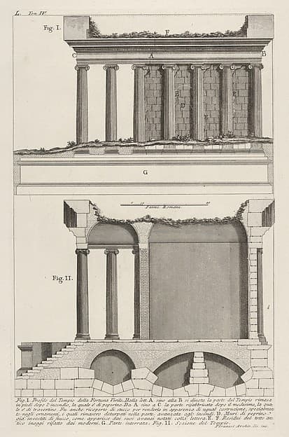 Profile of the Temple of Fortuna Virilis (Profilo del Tempio della Fortuna Virile), and section of the temple, from the series 'Le Antichità Romane'