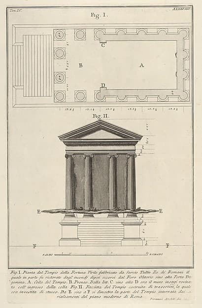 Plan and facade of the Temple of Fortuna Virilis (Tempio della Fortuna Virile), from the series 'Le Antichità Romane'