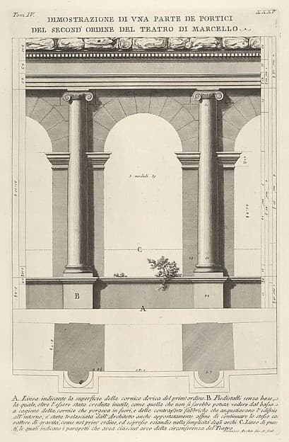 Elevation and plan of the second-order portico at the Theater of Marcellus (Teatro di Marcello), Rome, from the series 'Le Antichità Romane'