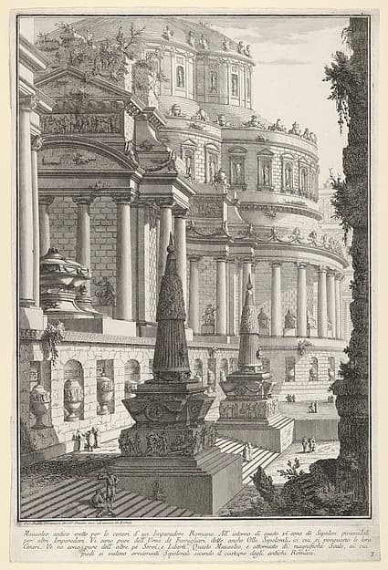 Plate 3: 'Ancient mausoleum erected for the ashes of a Roman emperor' (Mausoleo antico eretto per le ceneri d'un imperadore romano), from the series 'Part one of architecture and perspectives: drawn and etched by Gio. Batt'a Piranesi, Venetian Architect: dedicated to Nicola Giobbe' (Prima parte di Architetture, e prospettive inventate, ed incise da Gio. Batt'a Piranesi Architetto Veneziano dedicate al Sig. Nicola Giobbe)