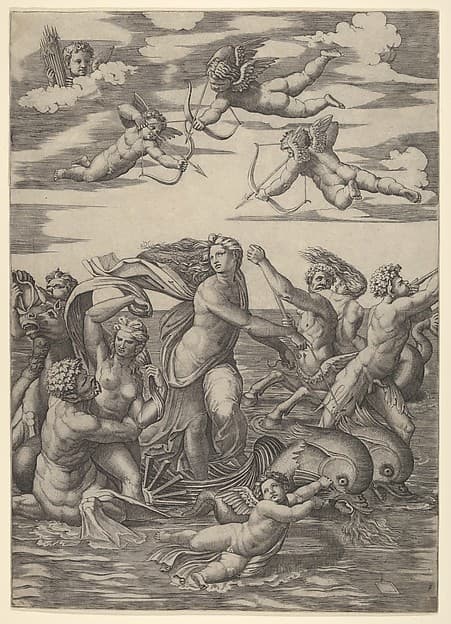 Galatea standing in a water-chariot pulled by two dolphins, surrounded by tritons, nereids, and putti, three of which prepare to shoot arrows from above