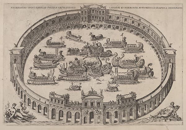 Naval engagement set inside a Roman arena, with the river Tiber and nymphs at lower left and right