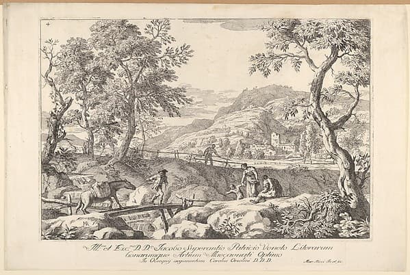 Plate 4: landscape with man leading a pack horse across a wooden bridge, three figures in right foreground, the silhouette of a man standing at a fence beyond, from 'Landscapes'