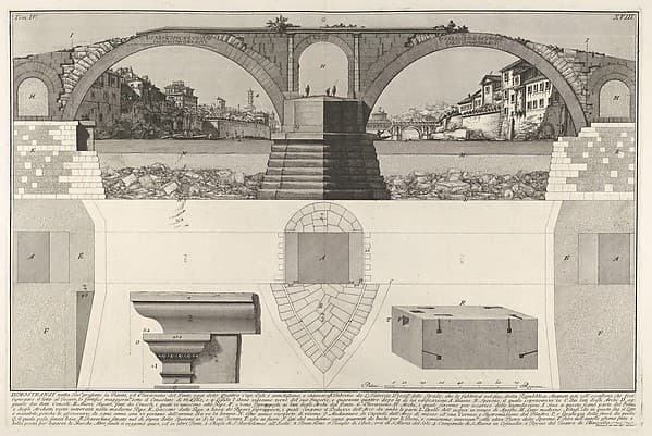 Plan and elevation of the Pons Fabricius (also known as the Quattro Capi Bridge), Rome, from the series 'Le Antichità Romane'