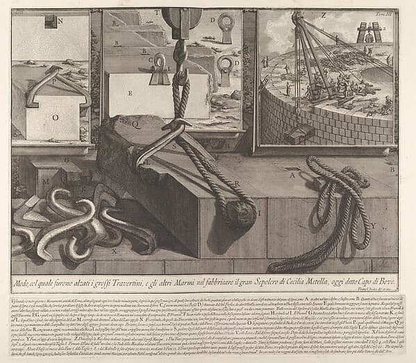 Demonstration panel showing technique for raising travertine and marble blocks for the construction of the tomb of Cecilia Metella, Rome, from the series 'Le Antichità Romane'