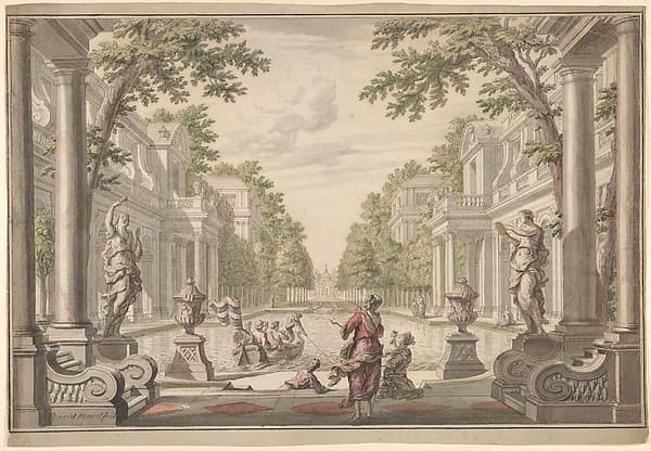 View of a Palace Garden with a Central Pond Surrounded by Classical Architecture (Tapestry or Stage Design?)