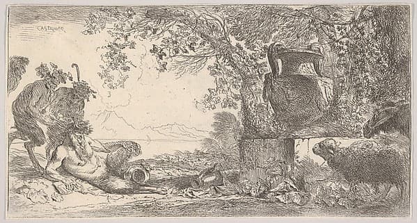 Pan reclining at left with two standing satyrs, a large vase on a pedestal at right