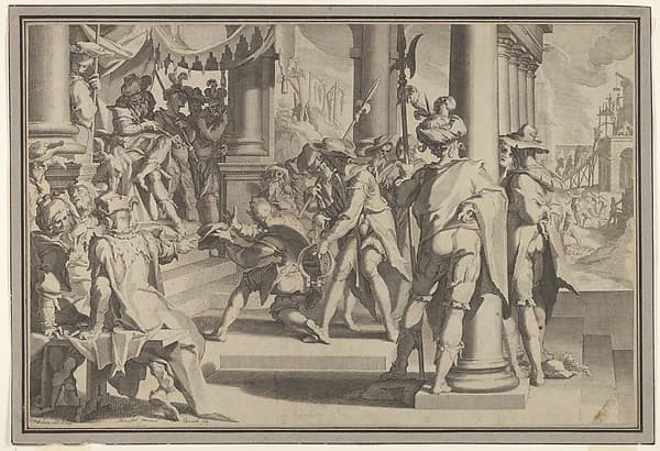 Allegory of Justice (Sanctity of the Law) with a court scene depicting a man being pardoned by a judge, plate XII from Thronus Justitiae, tredecim pulcherrimus tabulis...
