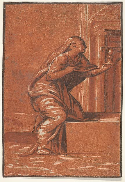 Female personification of Faith who kneels raising a chalice in her left hand, after Parmigianino