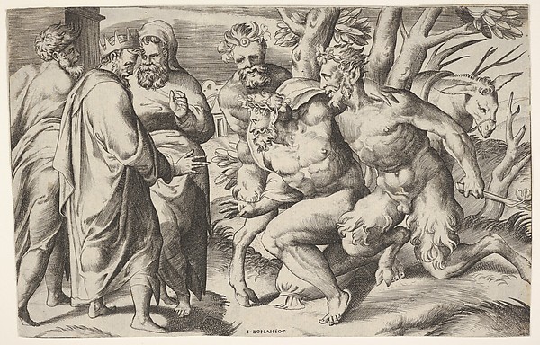Two satyrs leading Silenus to King Midas, who stands at left with two male attendants, a mule trails behind the satyrs