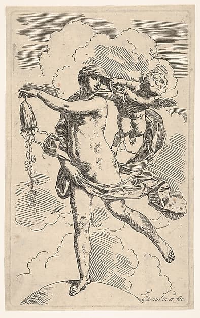 Fortune standing with one foot on a globe and emptying a purse of coins