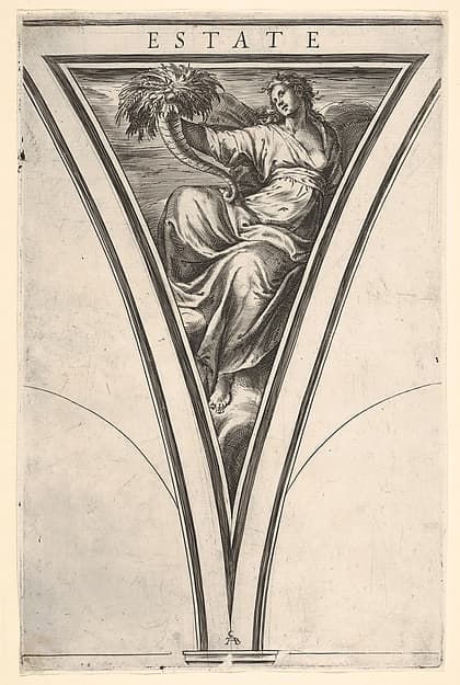 Summer (Estate), represented as a robed woman bearing a horn of plenty, a spandrel-shaped composition from the series 'The Four Seasons'