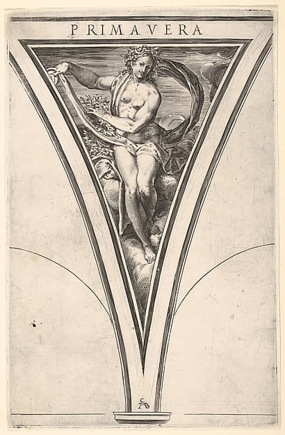 Spring (Primavera) represented as a woman bearing a billowing drape and garlands, a spandrel-shaped composition from the series 'The Four Seasons'
