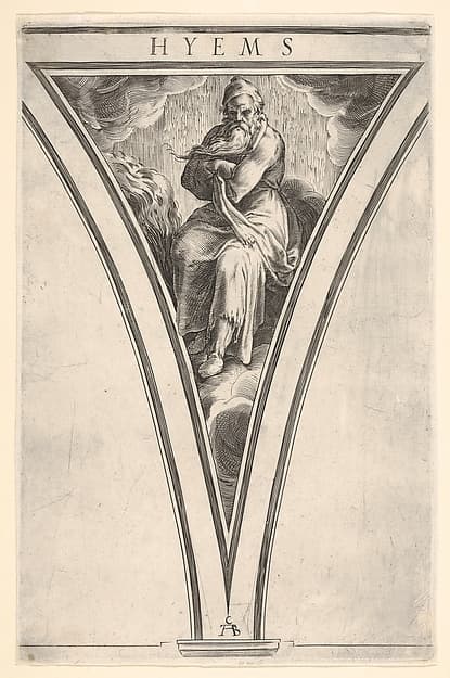 Winter (Hyems), represented as a seated man crossing his arms across his chest, a spandrel-shaped composition from the series 'The Four Seasons'