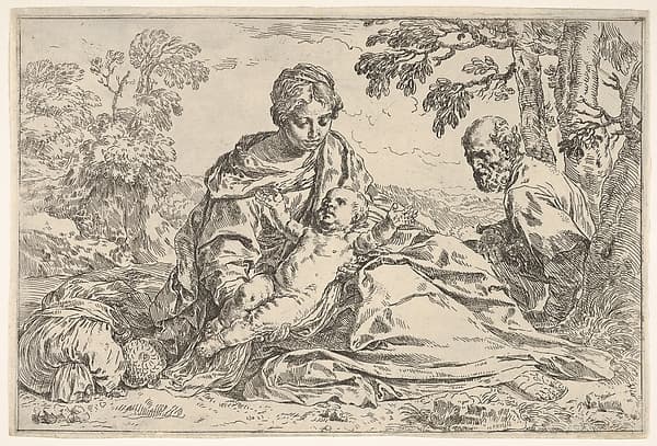 Rest on the flight into Egypt, Mary holding the infant Christ with St. Joseph at right, copy after Cantarini