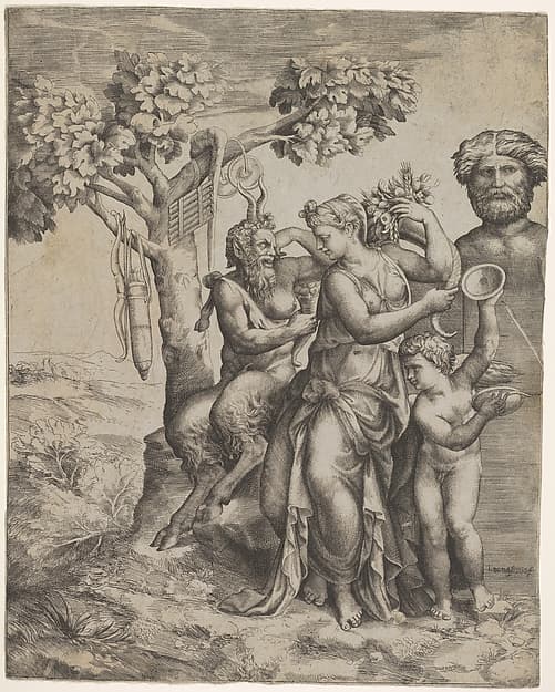 Pan seated near a female figure holding a cornucopia (a nymph or Pomona), at right cupid plays cymbals in front of a herm, at left a pipe, cymbals, bow, and satchel of arrows hang from a tree