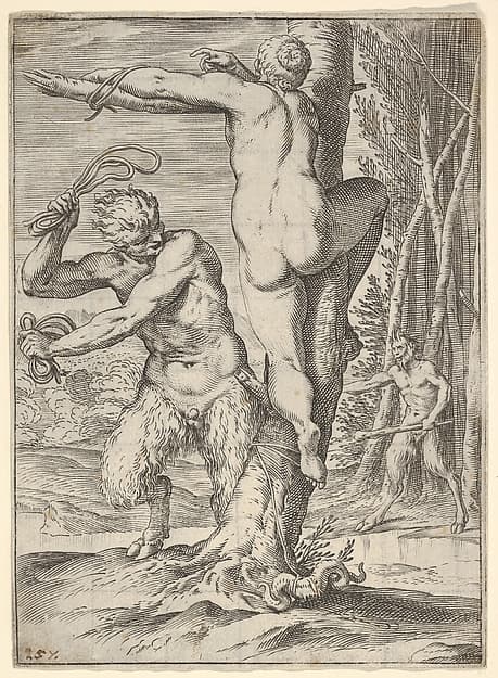 Satyr whipping a nymph, who is shown from behind and bound to a tree, a second satyr bearing a club stands in the middle ground