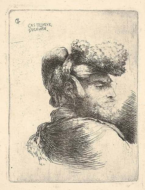Man in profile facing right, wearing a fur hat, from "Small Heads in Oriental Headdress"