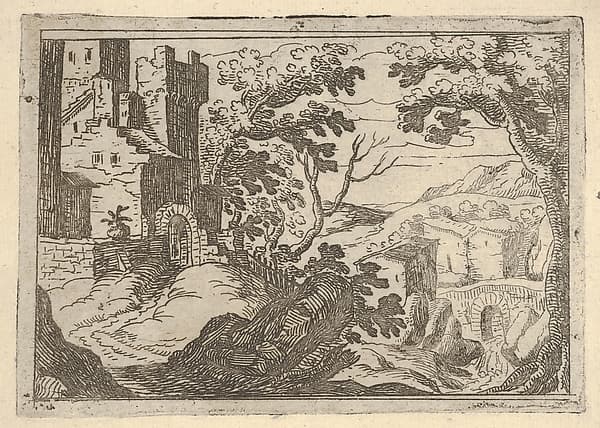 Landscape with buildings to the left and a bridge at right below