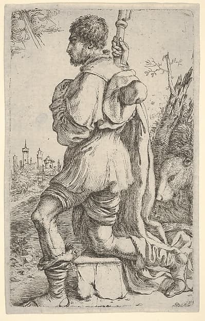 Saint Roch, kneeling on a stone, seen from the side with his dog behind him and a townscape in the background at left