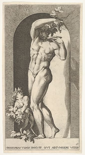 Plate 17: Bacchus standing in a niche, holding grapes over a plate, accompanied by an infant satyr, from a series of mythological gods and goddesses