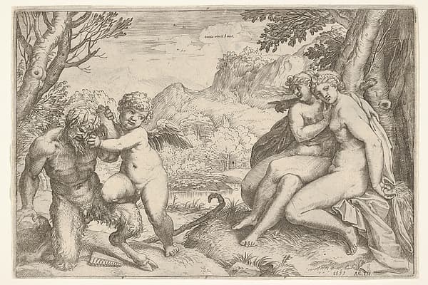 Love Conquers All (Omnia vincit Amor), in a struggle with a satyr Amor places his right knee on its thigh, two nude nymphs are seated with interlocking legs at the base of a tree