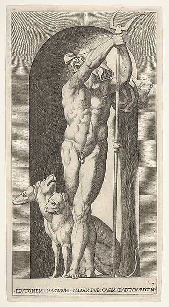 Plate 7: Pluto in a niche, holding a bident, with Cerberus next to him, from a series of mythological gods and goddesses