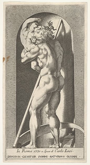 Plate 1: Saturn in a niche devouring his son, standing before a scythe, from a series of mythological gods and goddesses