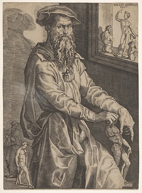 Portrait of Baccio Bandinelli, in three-quarter length next to a window pane containing a statuette and statuette fragments, the artist grasps with his right hand the head of a statuette resting at his left side