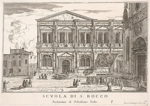 Plate 37: Side view of the school of St. Roch at left and view of facade of the church of St. Roch, Venice, 1703 from the series 'The buildings and views of Venice' (Le fabriche e vedute di Venezia)