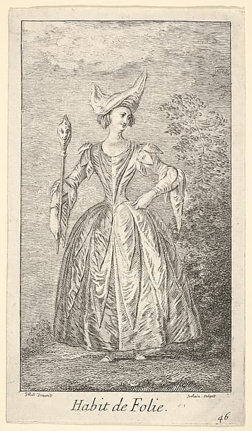 Plate 46: Habit de Folie: a woman in a ballet pose, wearing a bonnet and holding a marotte in her right hand, from 'New designs for costumes' (Nouveaux desseins d'habillements à l'usage des balets operas et comedies)