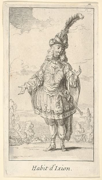 Habit d'Ixion: a man wearing a tonnelet with a sword in the belt, a turban with one large feather on his head, from 'New designs for costumes' (Nouveaux desseins d'habillements à l'usage des balets operas et comedies)