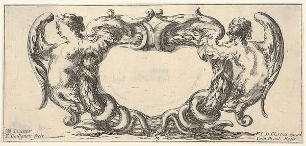 Plate 3: a cartouche with a woman with wings ending in a serpent's tail to left, seen from the front, a similar woman seen from the back to right, from 'Twelve cartouches' (Recueil de douze cartouches)