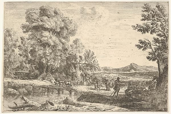 Rebecca and Eliezer taking leave of her father, Bethuel, set in a landscape, a large tree to the left