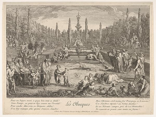 The Funeral (Les Obseques): various satyrs gathered in a clearing, funeral pyre to left, a freshly dug grave and a tomb decorated with satyr heads and antlers in center, upon which musicians are seated, from 'The lives of satyrs' (La vie des satyres)