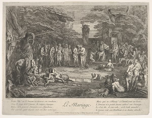 The Marriage (Le Mariage): in a forest, an old satyr marries the betrothed in center, musicians to right, old satyrs with canes to the left, a couple consulting an old philosopher to left in the foreground, from 'The lives of satyrs' (La vie des satyres)
