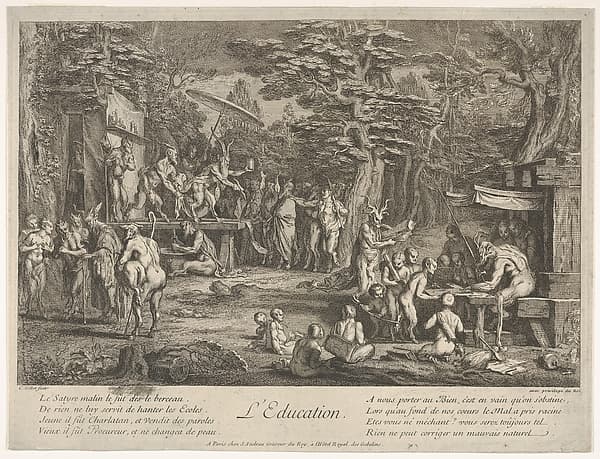 The Education (L'Education): in a forest, to right an old satyr instructor holding a wand, teaching a group of children, to the left a merchant of orvietan trying to attract spectators with his act, from 'The lives of satyrs' (La vie des satyres)