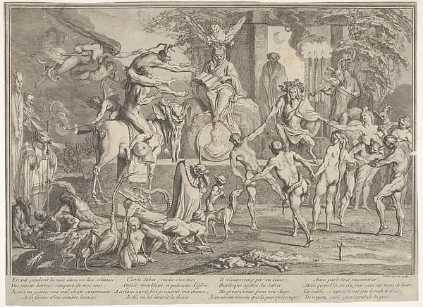 Witches' Sabbath, within a nocturnal landscape, a necromancer seated at top center wearing a robe and cap inscribed with Kabbalist symbols, below him to left a horse with the head of a beast, a ring of nude dancers to right, a robed with the head of a pig to left, various witches, sorcerers, strange animals, and monsters on the ground to left in the foreground, from 'The Sabbaths' (Les Sabbats)