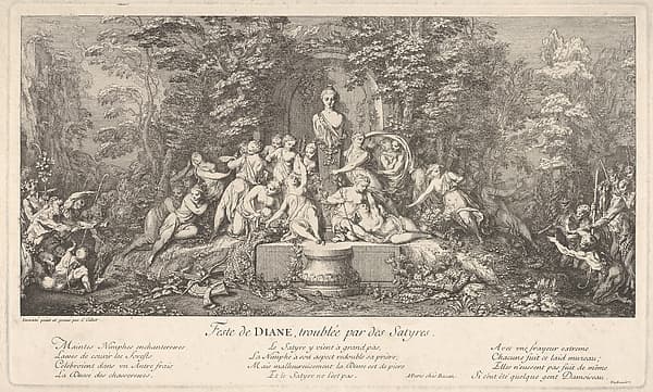The festival of Diana, interrupted by satyrs (Feste de Diane, troublée par des Satyres): nymphs gathered around the bust of Diana in a stone niche at center, surprised by the arrival of satyrs from either side, from 'Les Bacchanales; Quatres Festes'