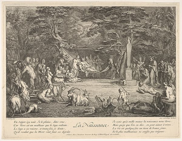 The Birth (La Naissance): in a forest, the new mother resting in a hammock at center, the newborn below her to left, various satyrs and goats surrounding, from 'The lives of satyrs' (La vie des satyres)
