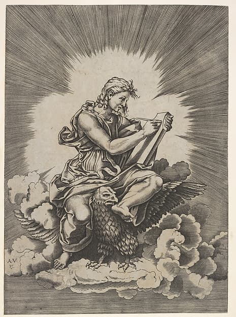 St. John, seated and holding a writing instrument to a tablet, an eagle with outstretched wings below his legs, from a series of the four evangelists after Agostino Veneziano, which are in turn after Giulio Romano