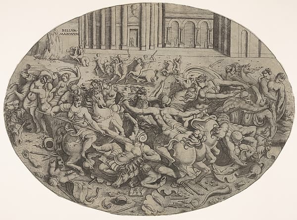 Combat between Amazons and men in front of architectural arcades, an oval composition with weapons, headgear, and bodies strewn along the bottom margin