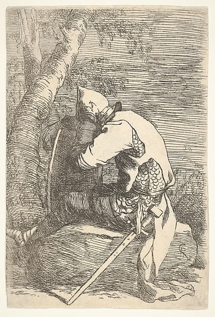 A sleeping warrior seated on a rock and leaning on his shield, from the series 'Figurine'